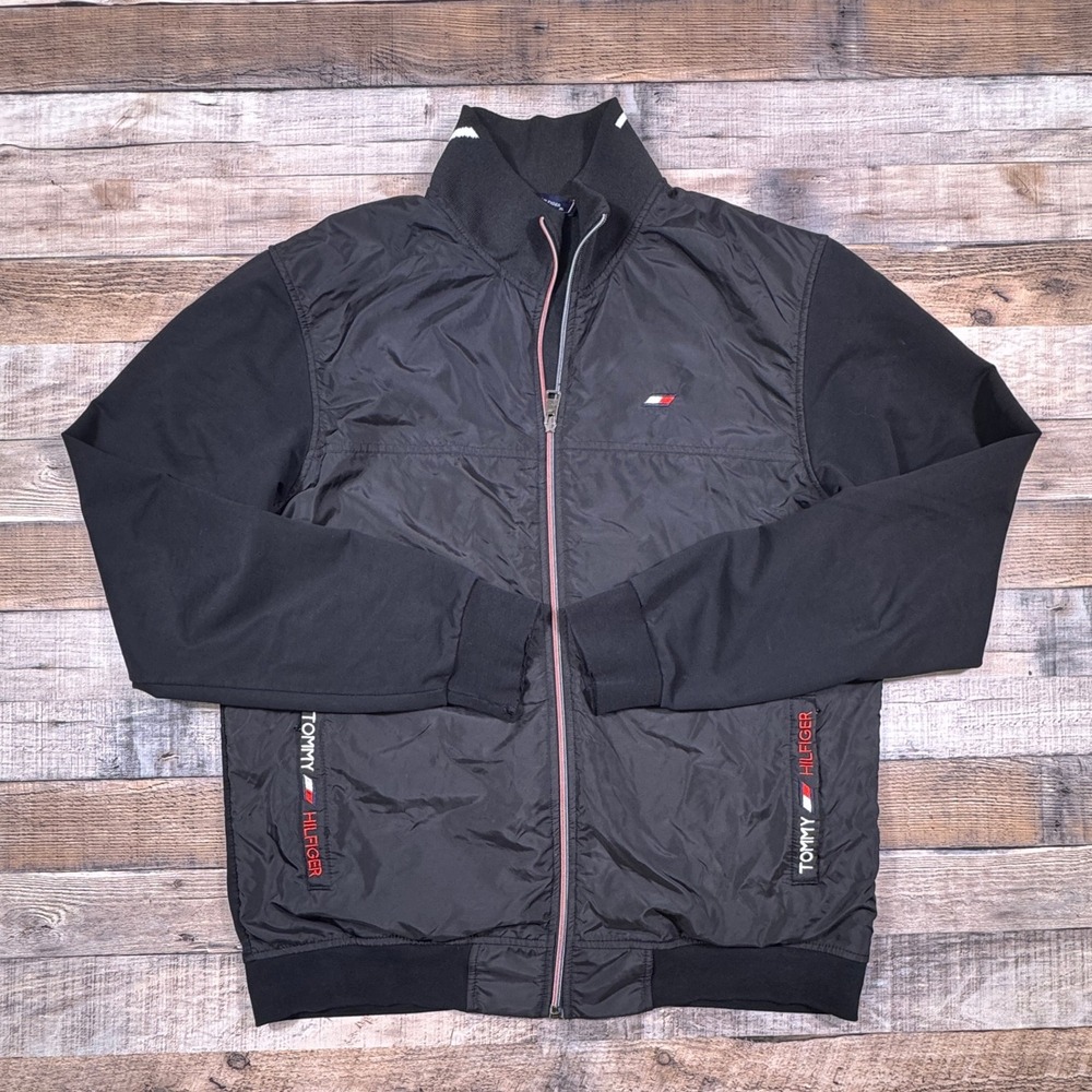 Tommy Hilfiger Mens Full Zip Jacket Black‎ Mixed Media Logo Collar XL